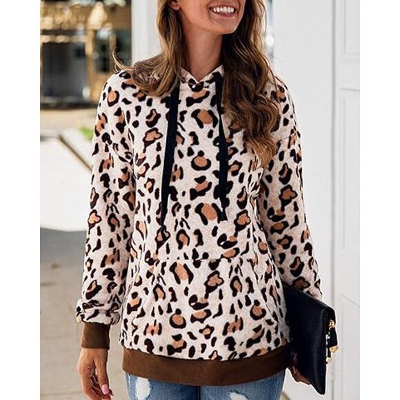 Unbranded Beige Brown Leopard Print Fleece Pullover Hoodie Sweatshirt Size Small - Picture 1 of 6